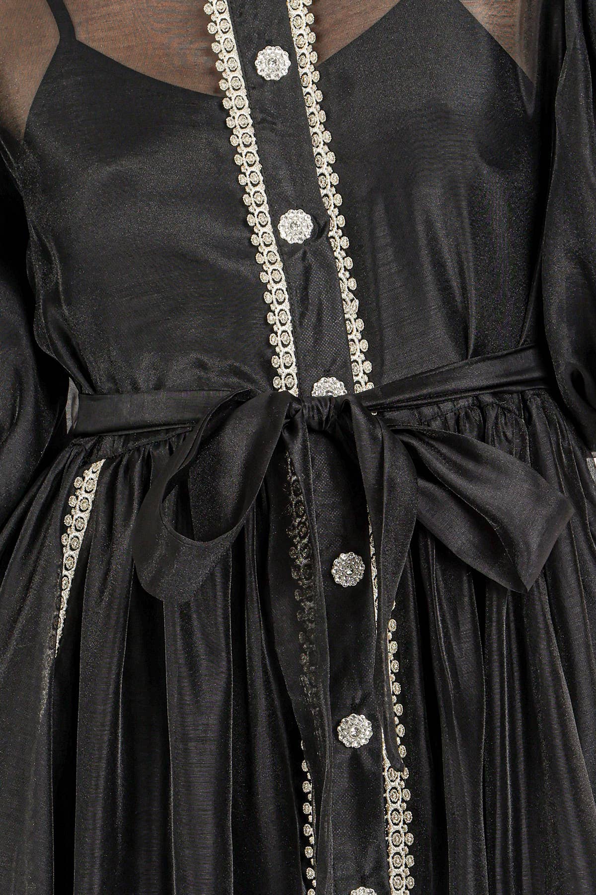 Beaded Lace Trim Detail Belted Chiffon Mini Dress