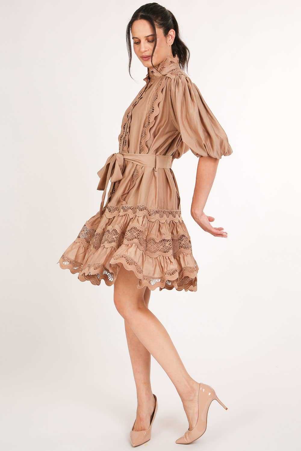 Scallop Lace Trim Detail Ruffled A-Line Mini Dress