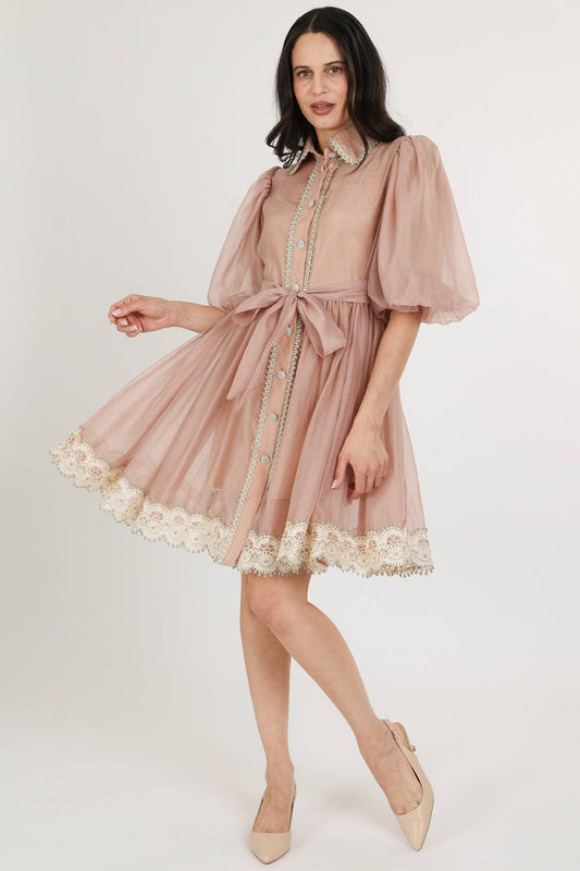 Beaded Lace Trim Detail Belted Chiffon Mini Dress