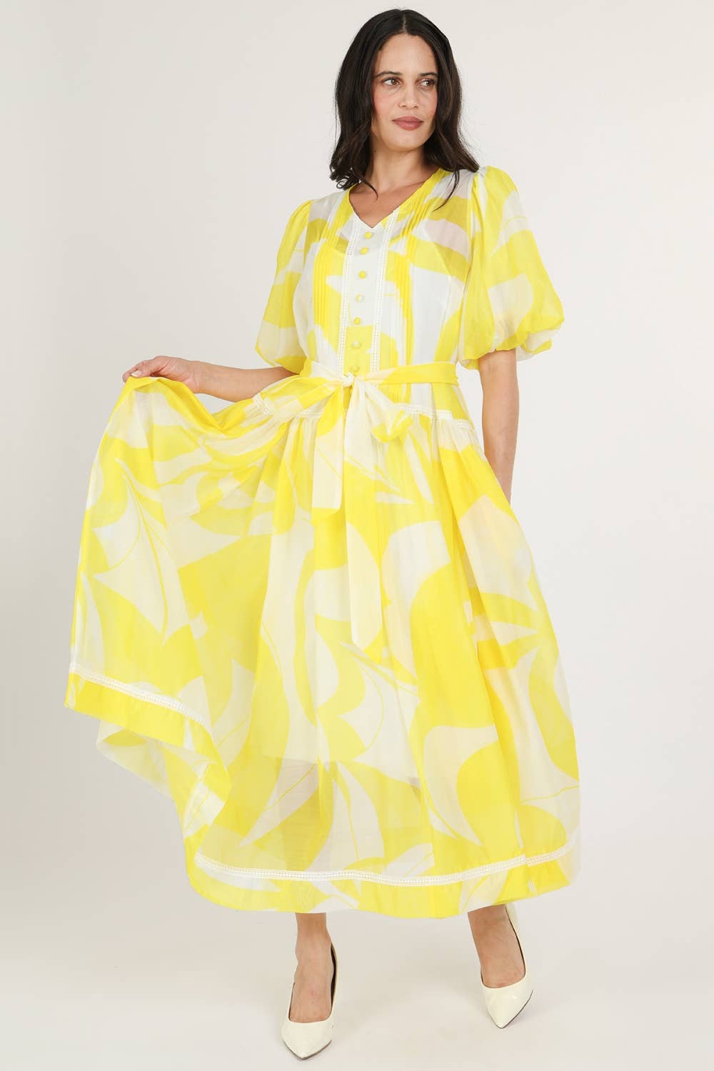 Belted Puff Chiffon Maxi Dress