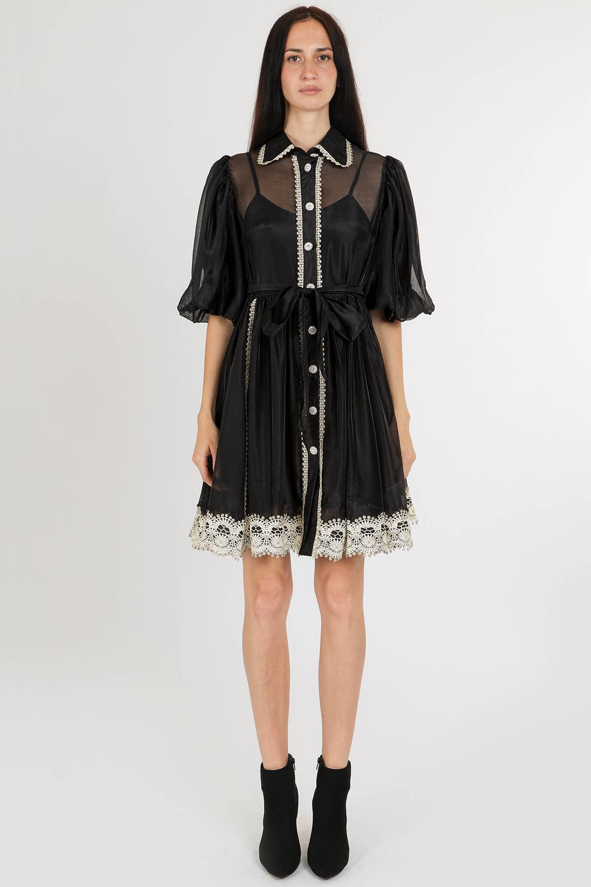 Beaded Lace Trim Detail Belted Chiffon Mini Dress