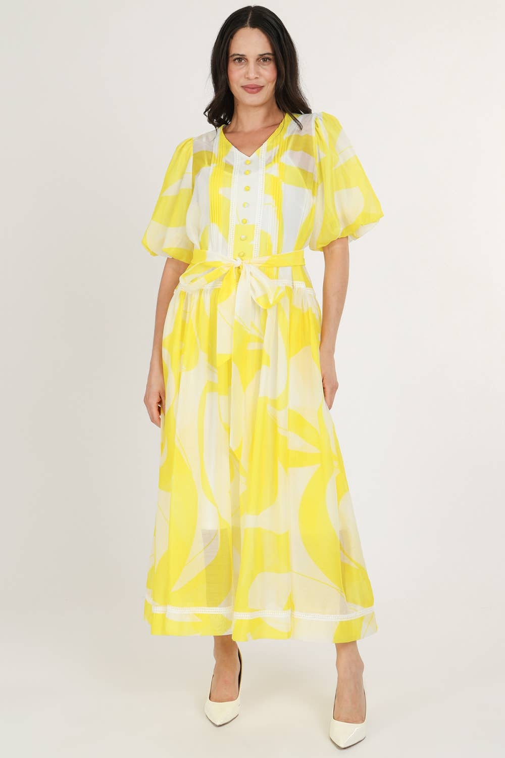 Belted Puff Chiffon Maxi Dress