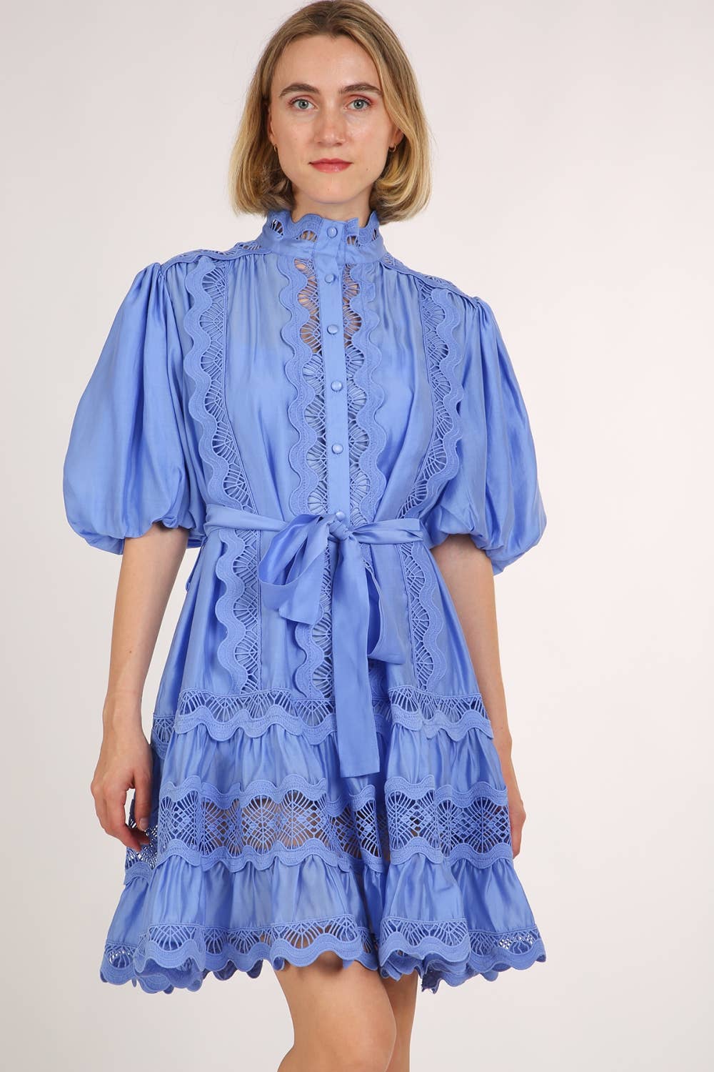 Scallop Lace Trim Detail Ruffled A-Line Mini Dress