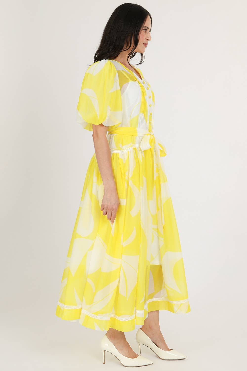 Belted Puff Chiffon Maxi Dress