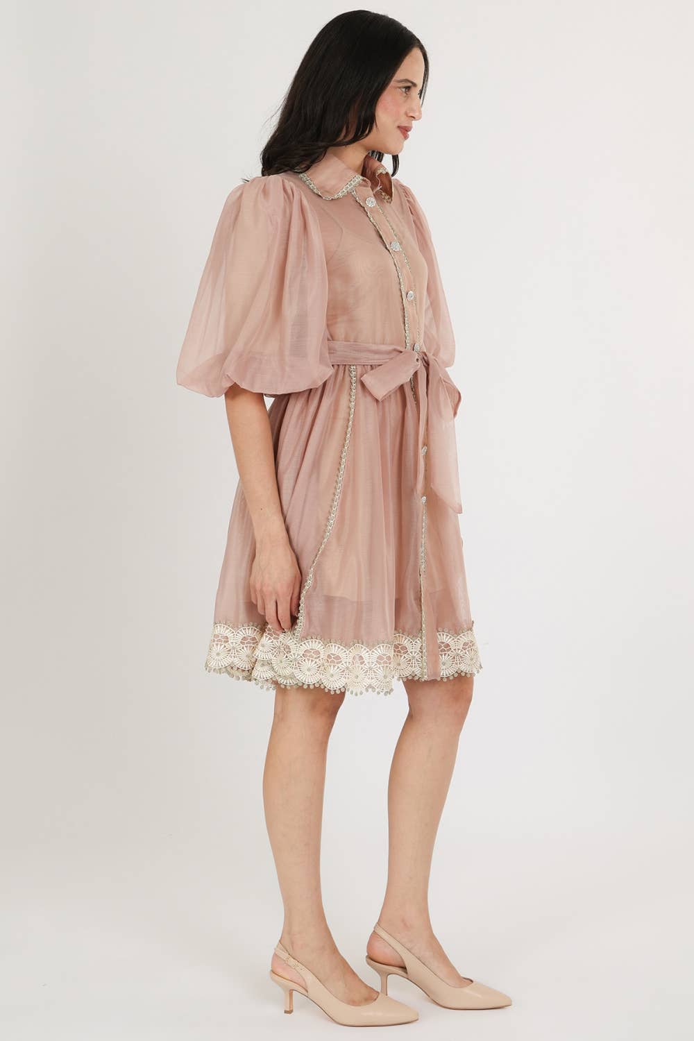 Beaded Lace Trim Detail Belted Chiffon Mini Dress