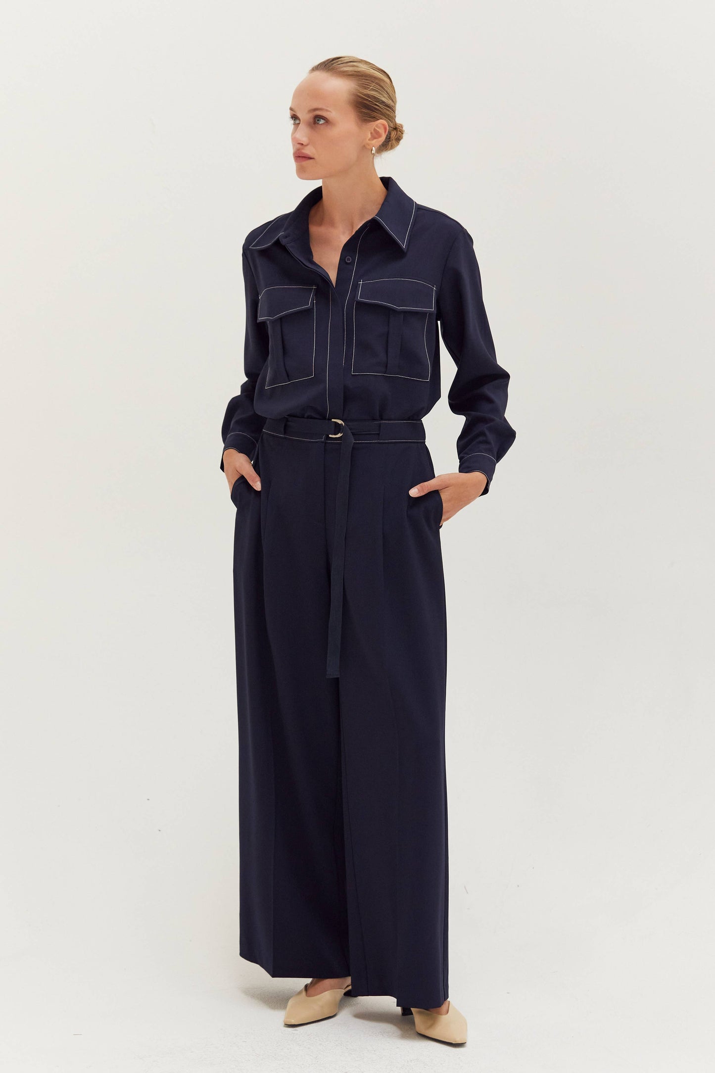 Kelly Contrast Stitch Belted Trousers