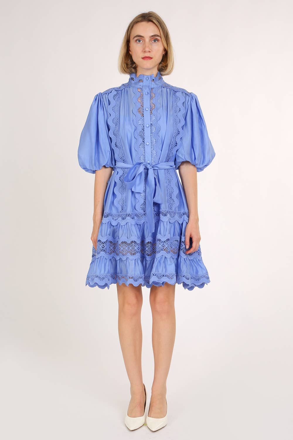 Scallop Lace Trim Detail Ruffled A-Line Mini Dress