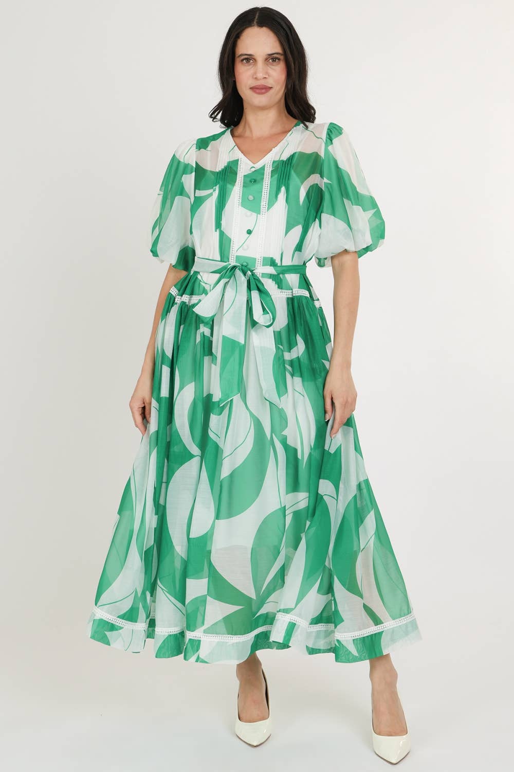 Belted Puff Chiffon Maxi Dress