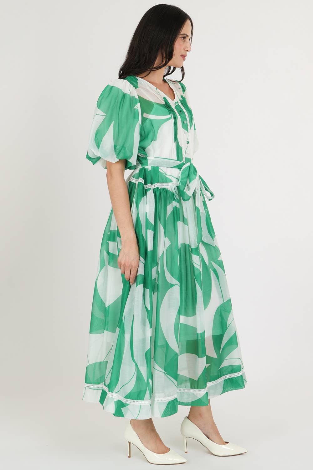 Belted Puff Chiffon Maxi Dress