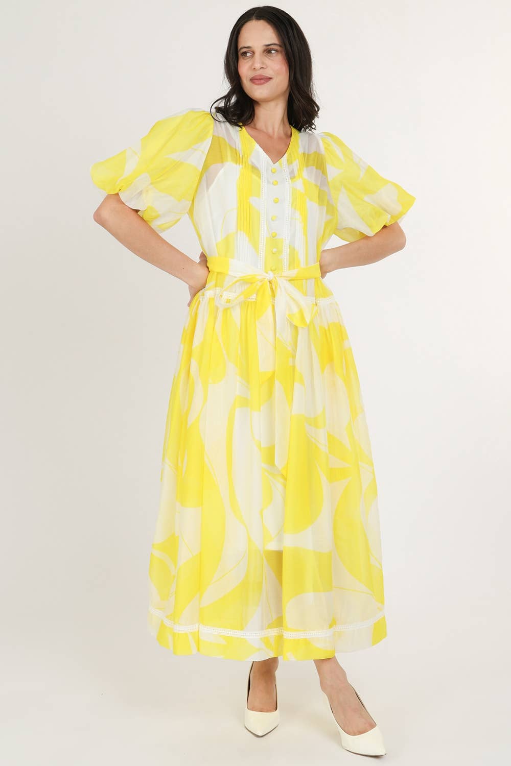 Belted Puff Chiffon Maxi Dress