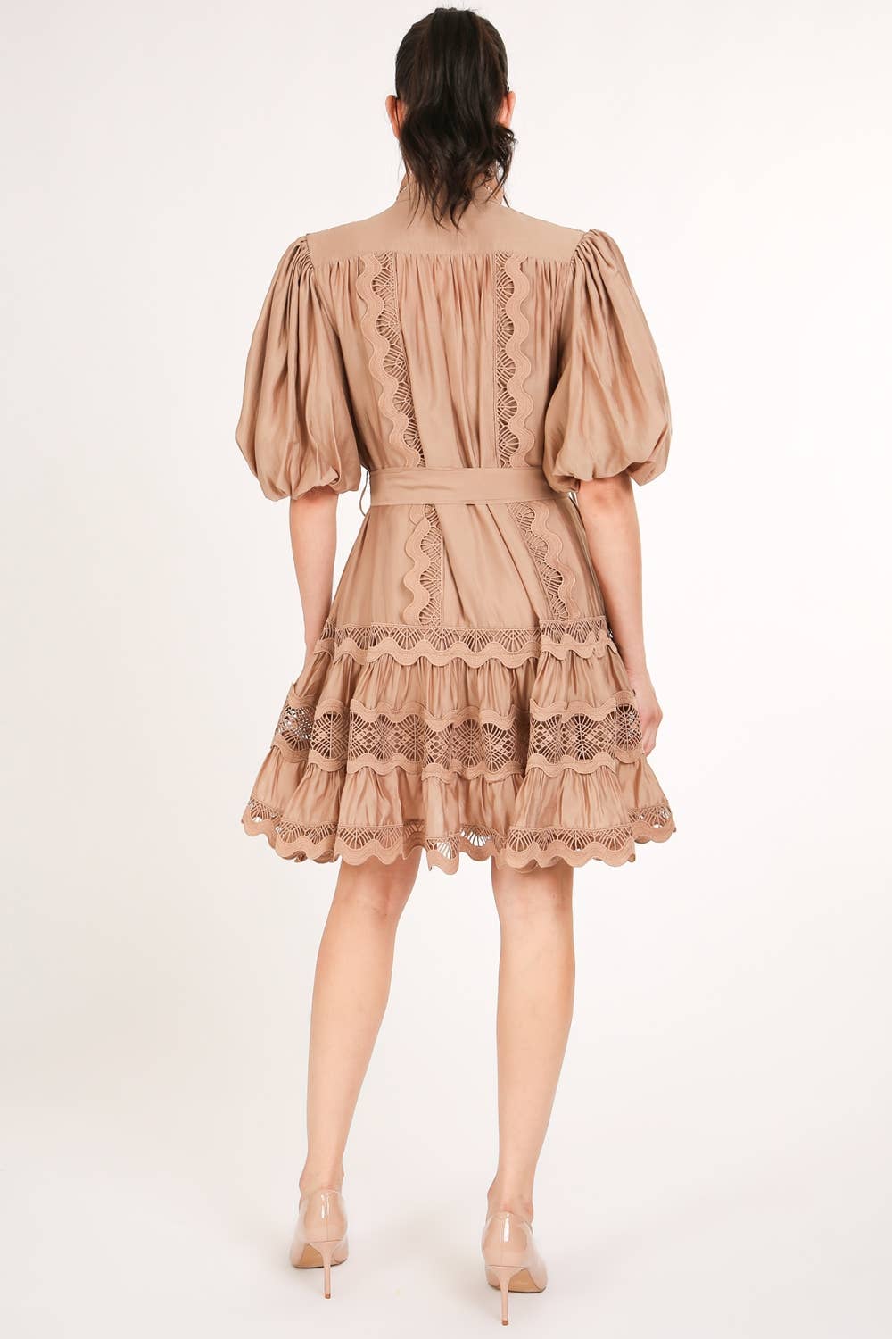 Scallop Lace Trim Detail Ruffled A-Line Mini Dress