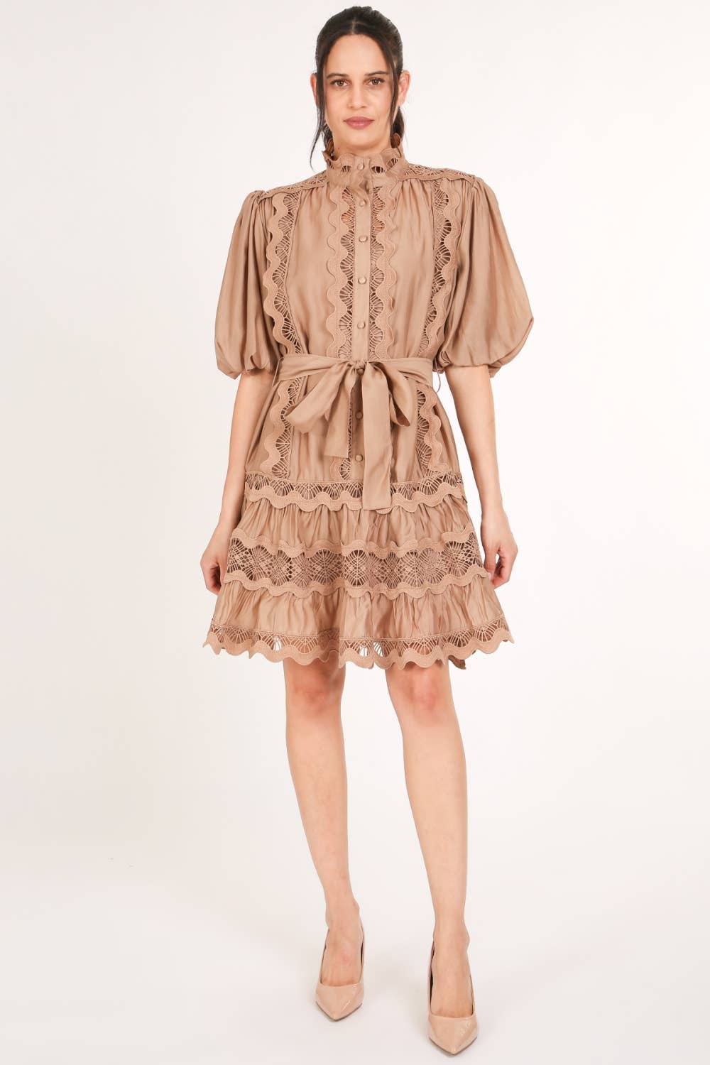 Scallop Lace Trim Detail Ruffled A-Line Mini Dress