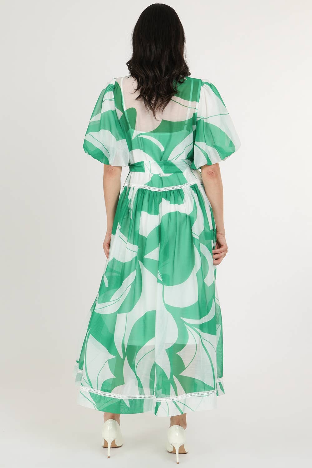 Belted Puff Chiffon Maxi Dress