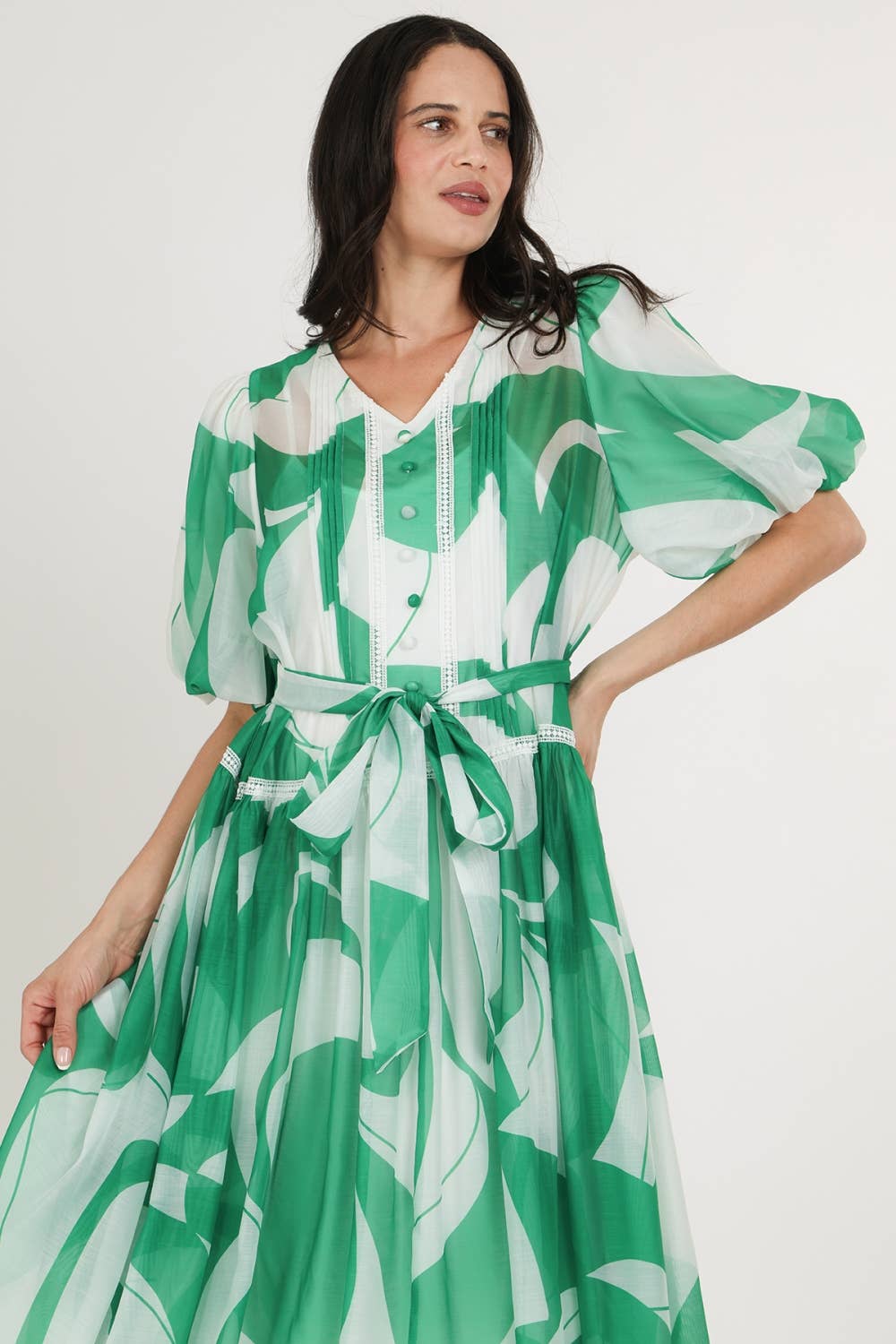 Belted Puff Chiffon Maxi Dress