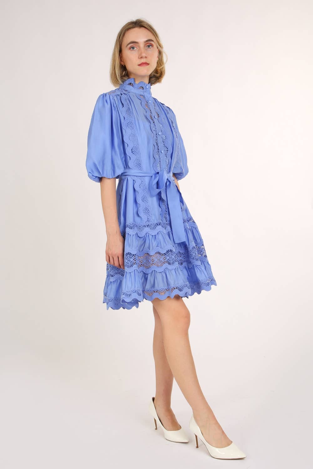 Scallop Lace Trim Detail Ruffled A-Line Mini Dress