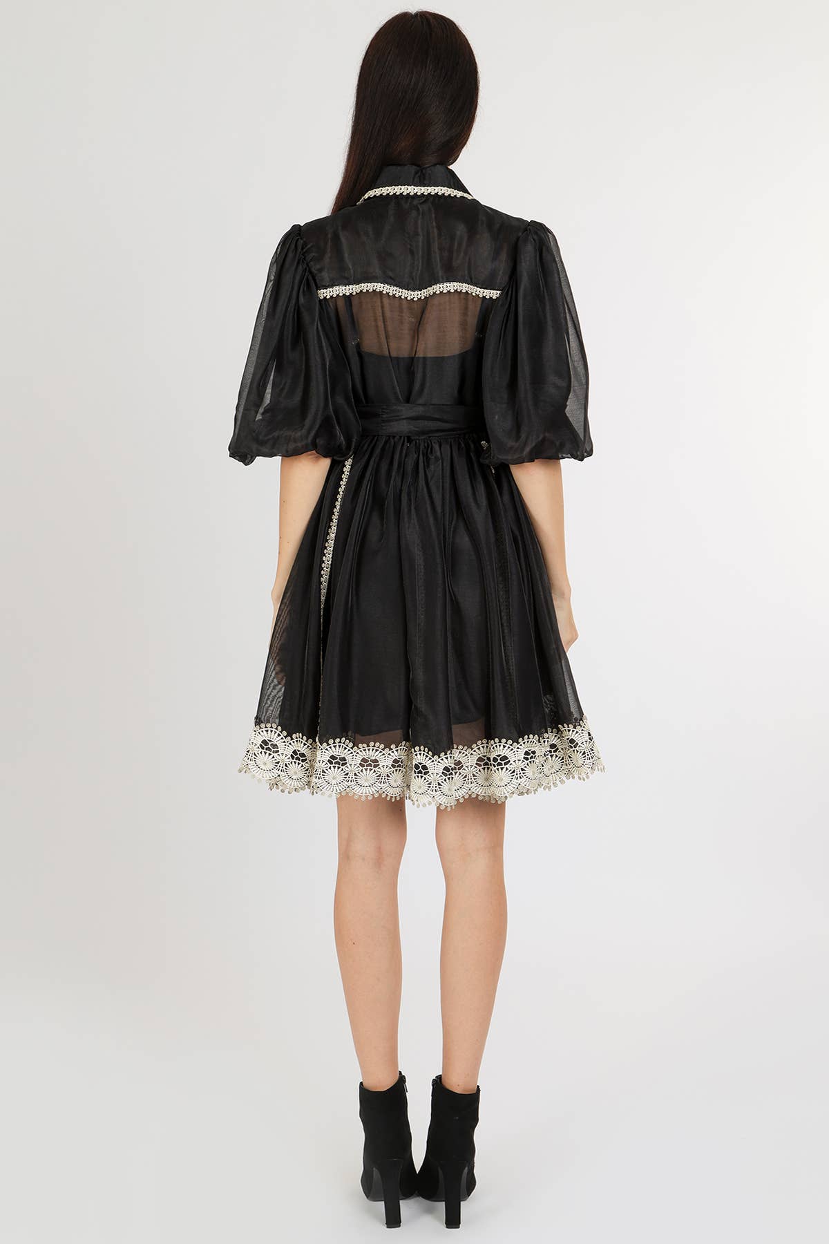 Beaded Lace Trim Detail Belted Chiffon Mini Dress