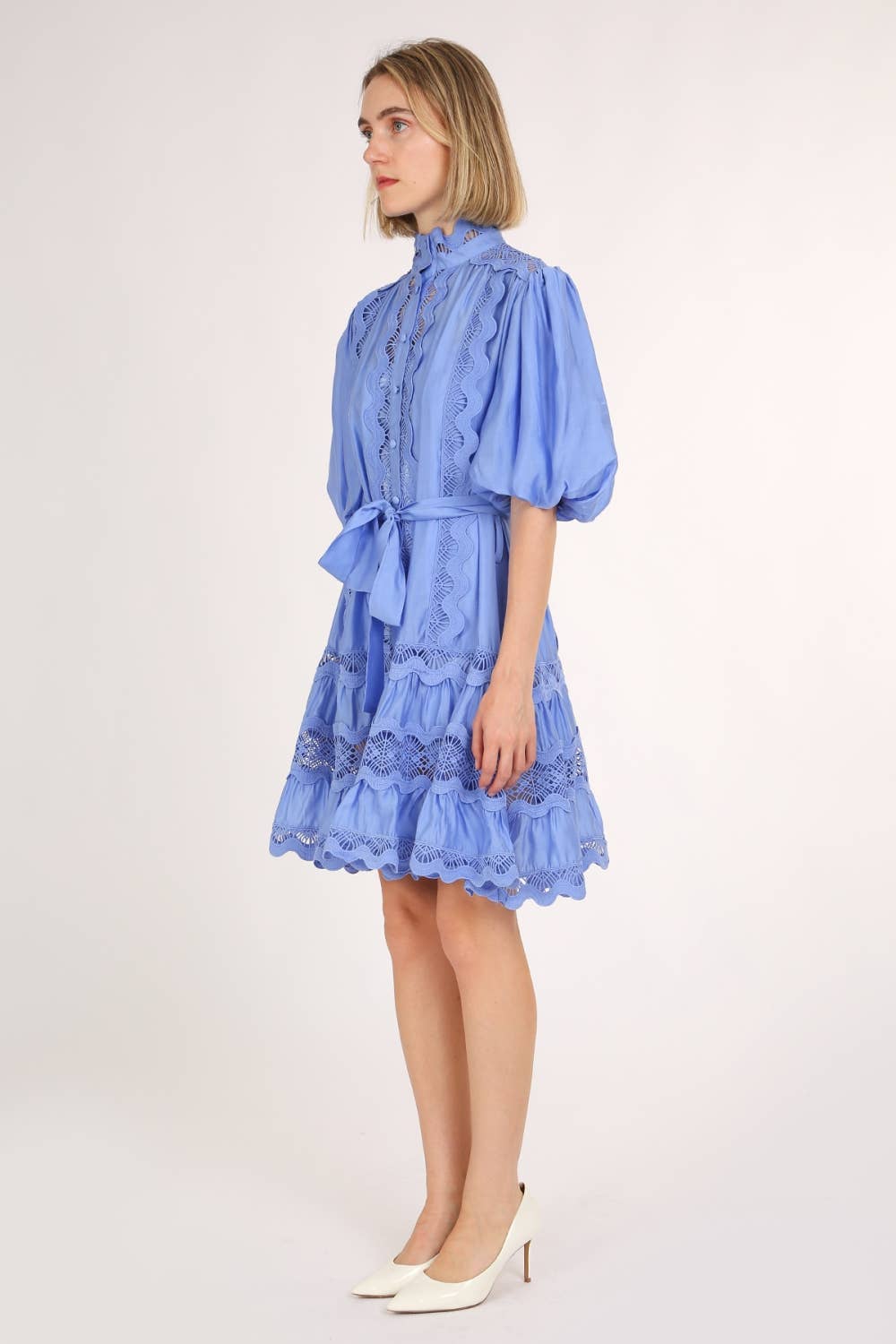 Scallop Lace Trim Detail Ruffled A-Line Mini Dress