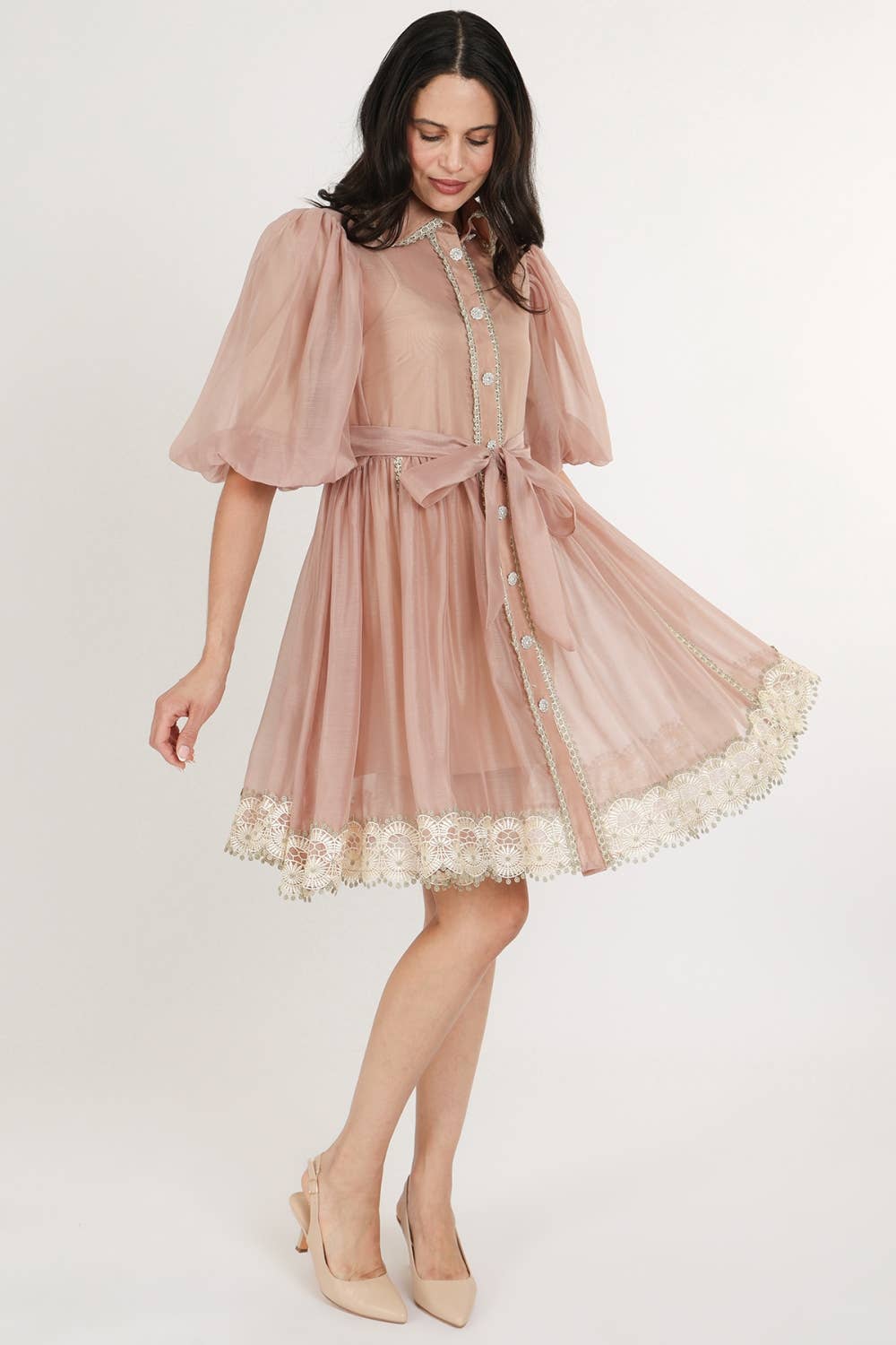 Beaded Lace Trim Detail Belted Chiffon Mini Dress