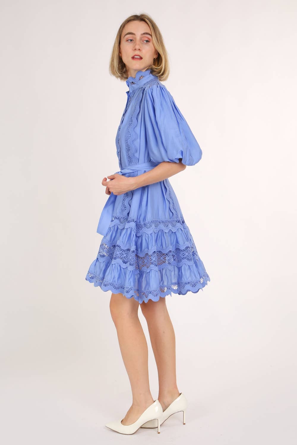 Scallop Lace Trim Detail Ruffled A-Line Mini Dress