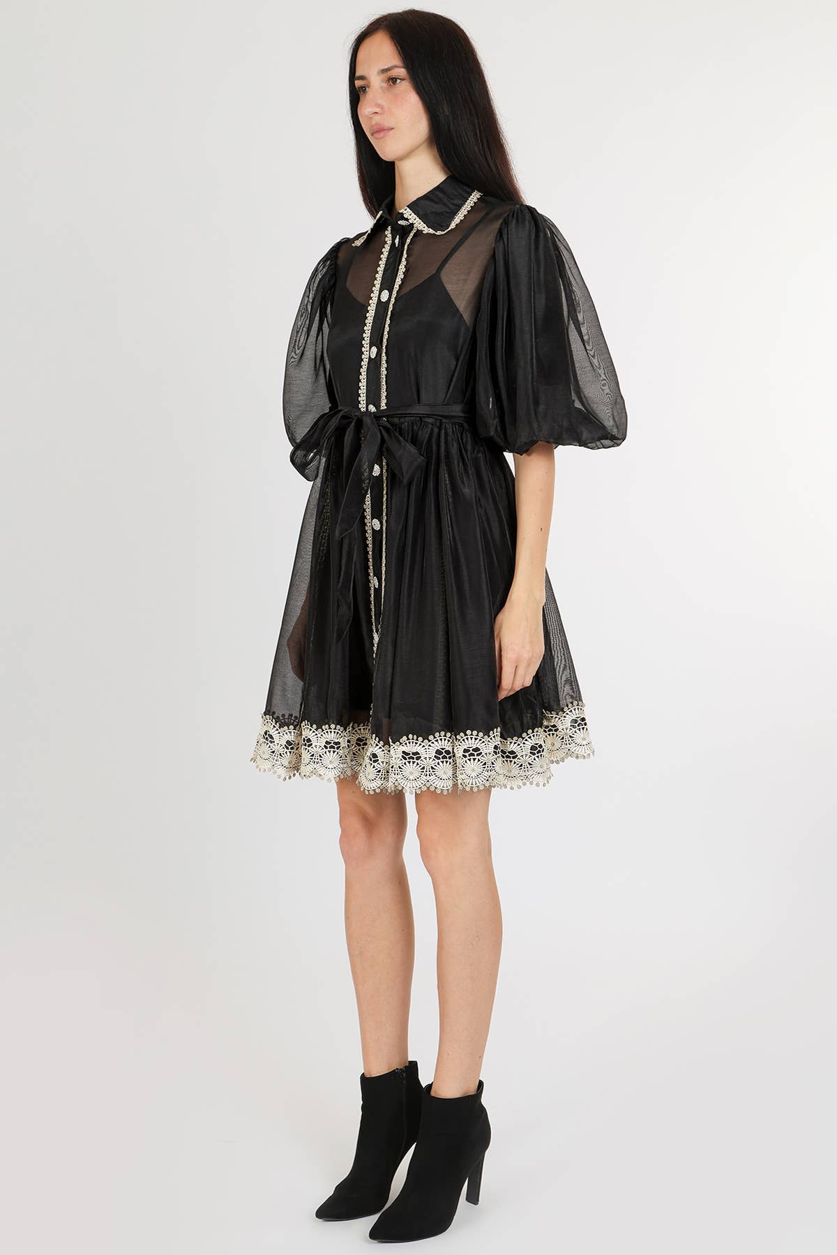 Beaded Lace Trim Detail Belted Chiffon Mini Dress