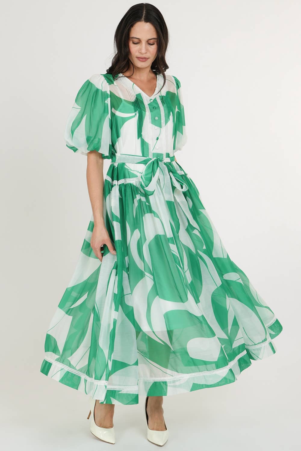 Belted Puff Chiffon Maxi Dress