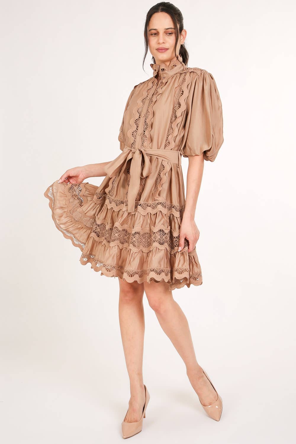 Scallop Lace Trim Detail Ruffled A-Line Mini Dress