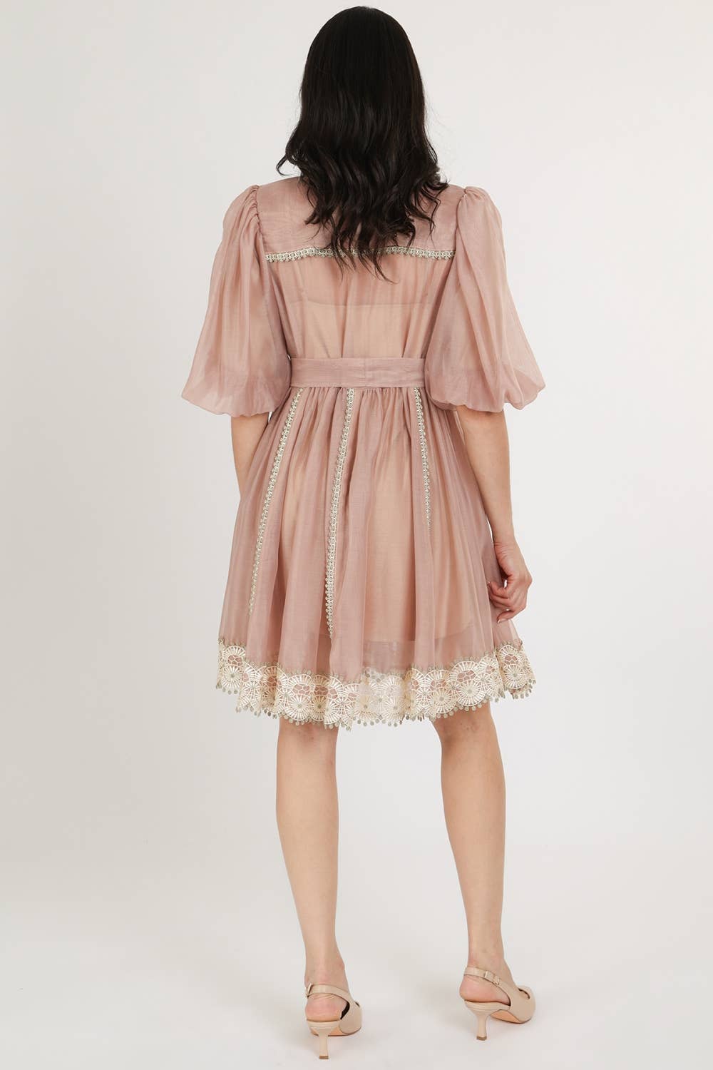 Beaded Lace Trim Detail Belted Chiffon Mini Dress