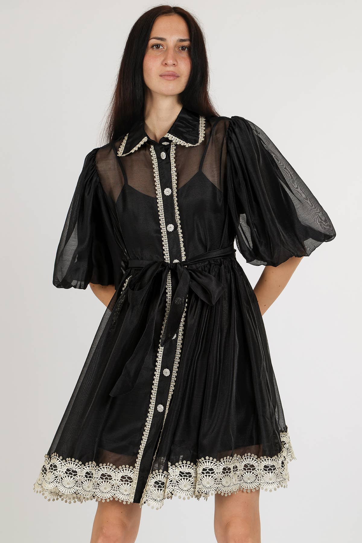 Beaded Lace Trim Detail Belted Chiffon Mini Dress