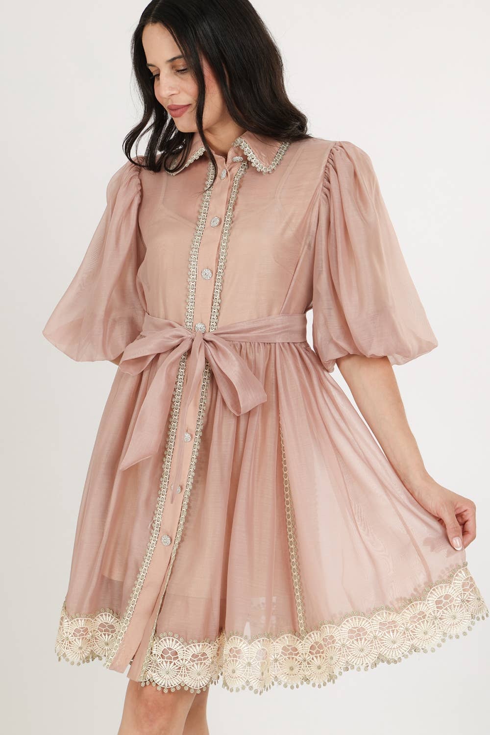 Beaded Lace Trim Detail Belted Chiffon Mini Dress