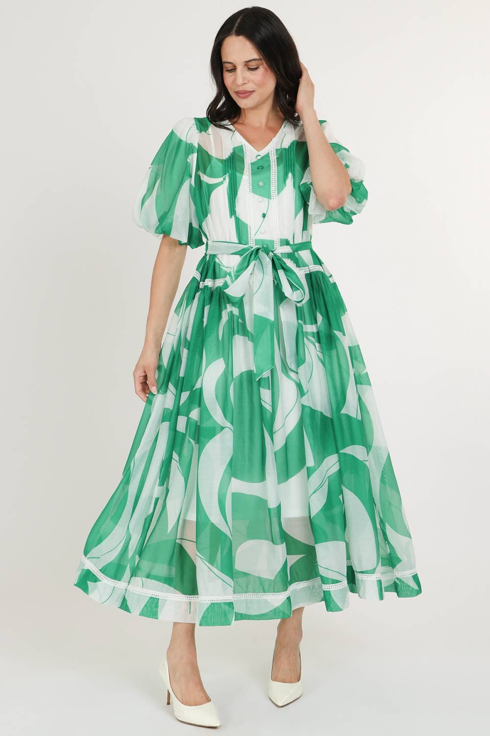 Belted Puff Chiffon Maxi Dress