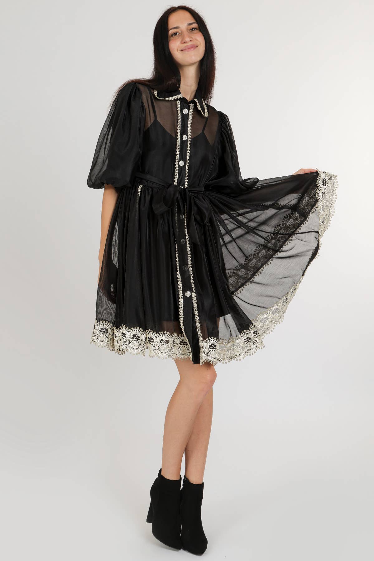 Beaded Lace Trim Detail Belted Chiffon Mini Dress