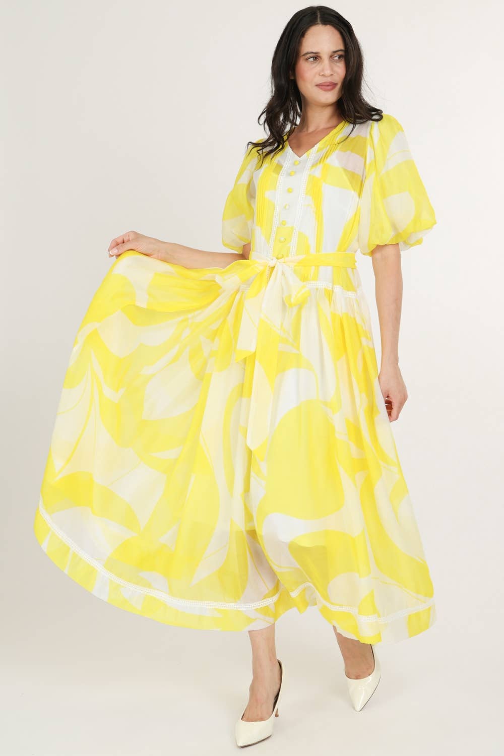 Belted Puff Chiffon Maxi Dress