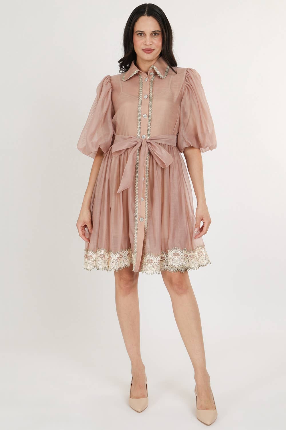 Beaded Lace Trim Detail Belted Chiffon Mini Dress