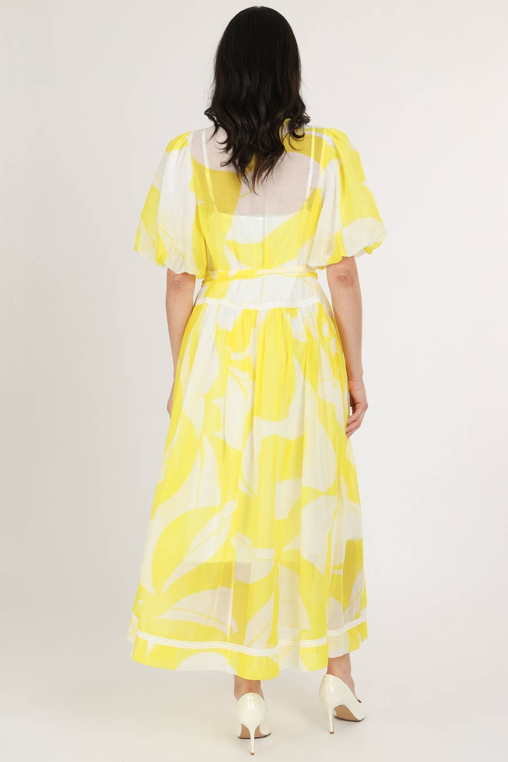 Belted Puff Chiffon Maxi Dress